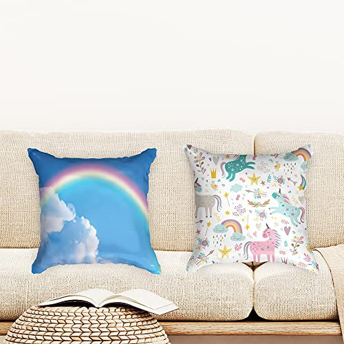 Ulticool - Kissenhülle - Regenbogen Kinderzimmer Einhorn Unicorn - Set von 2 Motiven – 45 cm x 45 cm - Dekokissen ohne Füllung - Kissenbezug Zubehör für Sofa/Bett - Weiß Rosa Blau