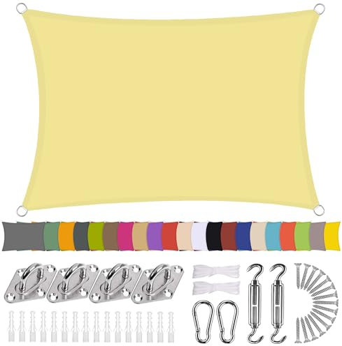 Ziligengsheng Sonnensegel Rechteck 3 x 7m Wasserdicht Sonnenschutz Balkon Terrasse mit Montagezubehör PES Polyester 98% UV-Schutz Reißfest Wetterfest für Garten Outdoor,Beige
