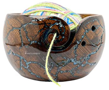 METLUMBER Wooden Yarn Bowl Rosewood Yarn Storage Bowl Holder & Dispenser for Tangle-Free Yarn Perfect Large Knitting & Crochet Bowl Fractal Wood Burning & Resin Artwork (Blue)