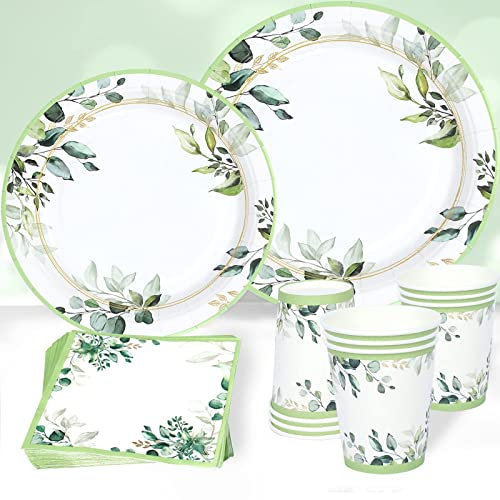 Plato Desechable Cumpleaños Verde, 96pcs Vajilla Desechable Cumpleaños, Set Cubiertos Desechables Verde Salvia Servilleta De Papel Y Copa Cuatro Decoración Cumpleaños Baby Shower Boda