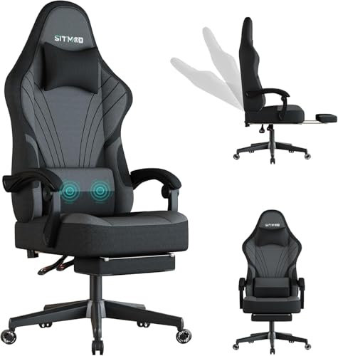 Silla Gaming Ergonómica Escritorio, para Videojuegos u Oficina, Silla Gamer con Cojín Lumbar & Reposacabeza, Regulable en Altura y reclinable, Tejidos Silla Cómoda con Reposapiés para Adultos(Gris) 