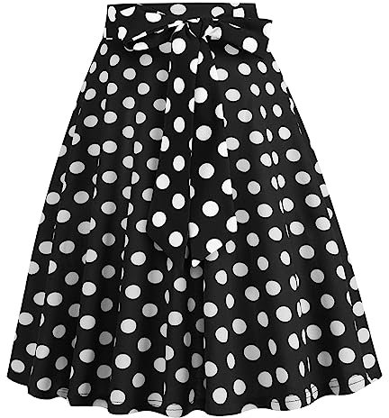 Damen 1950er Jahre Vintage Rock A Linie Faltenrock Hohe Taille Midirock Blumendruck Tellerrock Polka Dot Rockabilly Swing Rock mit G?rtel Knielang Partyrock Schwarz L