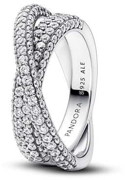 PANDORA Timeless Pavé Gekreuzter Doppelband-Ring aus Sterling Silber mit Cubic Zirkoniastein verziert, Größe: 58, 193022C01-58