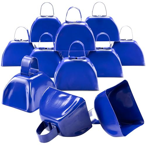 Kuhglocken aus Metall, 12 Stück, 7,6 cm, blaue Kuhglocken für Sportveranstaltungen, Jubel, Geist, laute Kuhglocke, ideale Hand-Percussion-Kuhglocken, Geräuschmacher für Sportveranstaltungen,
