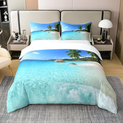 Homewish Housse de Couette Ocean Coton, Parure de Lit 220x240 Feuilles de Palmier Imprimées, Ensemble de Literie de Style Vacances Hawaïennes, Palmiers Verts, Nature Tropicale, Thème de La Mer
