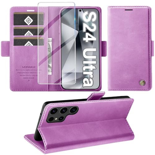 Giyer Handyhülle für Samsung Galaxy S24 Ultra Hülle mit Schutzfolie, Schutzhülle Galaxy S24 Ultra 5G PU Leder Wallet Flip Case Standfunktion Kartenfach Klapphülle für Samsung S24 Ultra Cover (Lila)