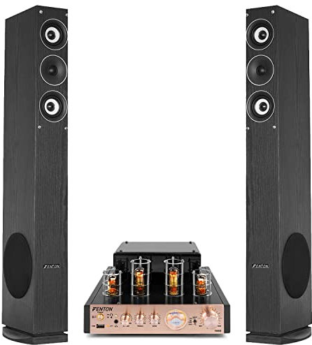 Fenton Tower Stereo System with HiFi Valve Tube Amplifier and Floor Standing Speakers, Bluetooth Audio Streaming, USB MP3, RCA Inputs, Home Cinema and Music System – SHFT52B Black