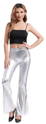 Damenhose, hohe Taille, glänzend, Metallic, 80er-Jahre, lang, breit, für Tanz, Sport und Karneval, silber, M