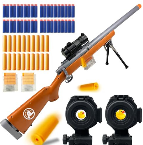 AGM MASTECH M24 Weiche Schaumstoff-Spielzeugpistole, Design mit auswerfenden Patronenhülsen, verbessertes Zielfernrohr, 40 weiche Schaumstoff-Darts, 20 Patronenhülsen, 2 Magazine. (Braun)