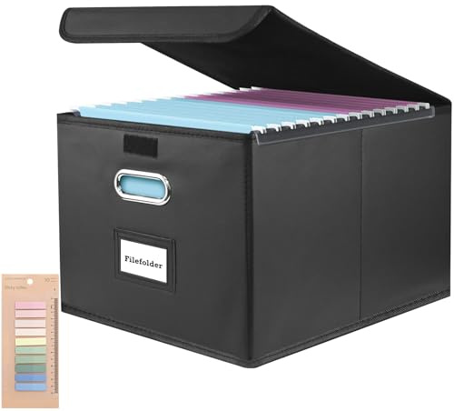 Upgraded Filing Boxes Portable Paperwork Organiser Large Capacity Multifunctional File Organiser with Lid Foldable Leather Hanging Filing Box with Plastic Slide for Home Storage Office Filing - Black