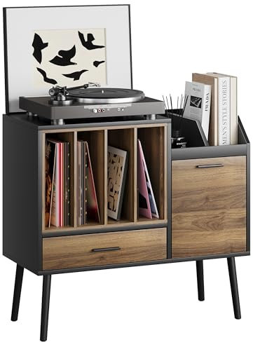 Semiocthome Plattenspielerständer mit verschachtelter Vinyl-Aufbewahrungskiste, Druckerständer mit Schublade, Schrank, CDs Ablagefläche, Vintage Beistelltisch Beistelltisch mit Massivholzbeinen für