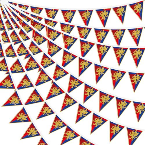 Hahafelt 6 Stück 21,9 m mittelalterliche Fantasie-Wimpelbanner mit Löwen-Design, mittelalterliche Party-Dekorationen, hängende Party-Wimpelkette, Banner, Garten, Dreieck, Flagge für Schloss, Thema