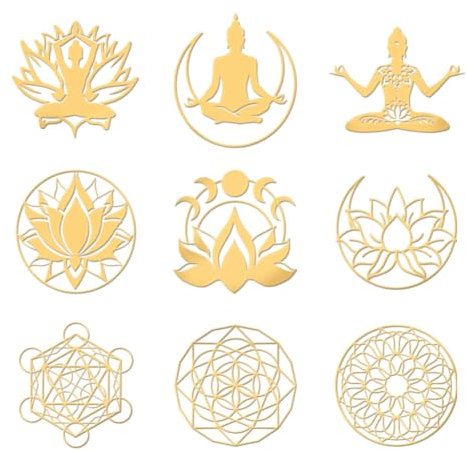 OLYCRAFT 9 Stück 4x4 cm Blume Des Lebens Metallaufkleber Buddha Lotus Selbstklebende Goldaufkleber Mystisches Goldaufkleber Für Sammelalben DIY Kunstharzhandwerk Telefon Wasserflaschendekor