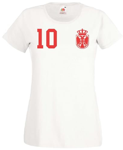 Serbien Damen T-Shirt Srbija Trikot WM 2026 Fanartikel Personalisiert mit eigenem Namen + Nummer - Weiß XS