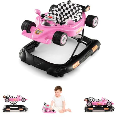LIFEZEAL Trotteur Bébé Évolutif Pliable avec 3 Hauteurs Réglables, Marche Bebe Musical, Siège Confortable, Roues Universelles, Charge 12 kg, Garçon Fille 6-14 mois, Rose