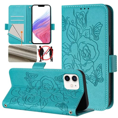 for iPhone 12 Case, iPhone 12 Pro Case, RFID Blocking Flip Wallet Case with Card Slots Kickstand Magnetic Clasp Case, Shockproof PU Leather Embossed Flowers with Hand Strip for Women Girls,Light Blue