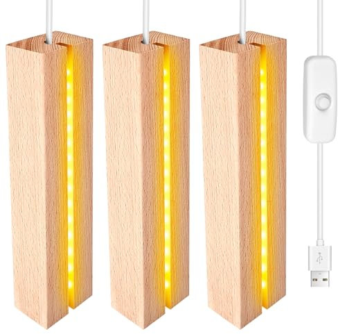 3 Piezas Base de Exhibición de Luces LED, Base de Madera con Luz Led, Soporte de Base Iluminada Rectangular con USB para Pantalla De Escritorio Bola De Cristal Vidrio Acrílica Resina, 20 cm de Largo