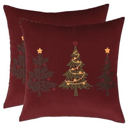Tosleo 2er Set Weihnachten Kissenbezug aus Samt 45x45CM Rot DREI Weihnachtsbäume mit Sternen Dekokissen Deco Kissenbezüge Merry Christmas für Sofa Wohnzimmer Schlafzimmer Couch