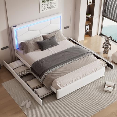 Aoskem Polsterbett Doppelbett Bett 140x200 mit Stauraum 4 Schubladen, LED-Kopfteil mit USB/TypC, Stauraumbett Bettgestell mit Lattenrost, Flachbett Jugendbett Funktionsbett, Ohne Matratze, PU (Weiß)