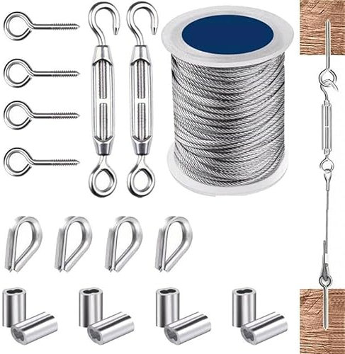 WENYOG Drahtseil 1 Set 15 m 2 mm Drahtseil-Kabelhaken-Aufhängeset, Flexibles Wäscheleinen-Set aus Edelstahl mit PVC-Beschichtung