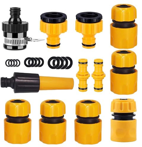 Schlauchverbinder Set – Gartenschlauch Anschluss Set, 15-TLG Kupplungsset für Gartenbewässerung, Universelle Schlauchanschlüsse, Reparaturverbinder, Hahnadapter & Düse für 1/2 und 3/4 Schläuche