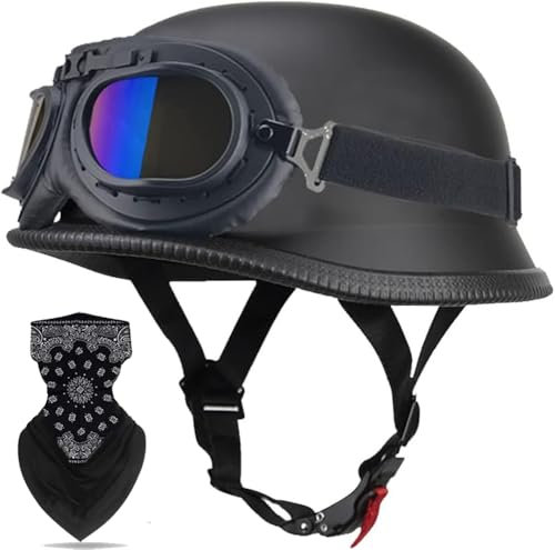 Vintage Deutsche Motorrad Halbschalenhelm mit ECE, Retro Half Öffnen Jethelm mit Schutzbrille für Bike Cruiser Chopper Moped Scooter ATV Männer und Frauen Helm B L