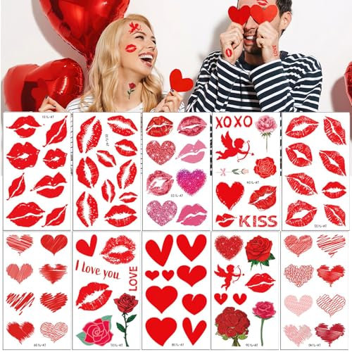 Yeomju 10 Stück Valentinstag Kussmund Herz Temporäre Tattoo Aufkleber Rot Wasserdichte Liebes Tattoo Dekorationen für Frauen Männer Mädchen