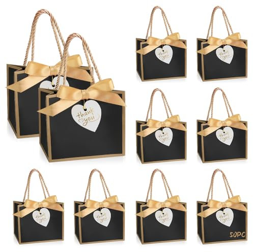 50 Stück Geschenktüten Danke mit Henkel, Geschenktasche Klein mit Schleifen, Geschenktüte Papiertüten Mini Bonbontüten, Geschenkverpackung für Geschenk, Geburtstag, Feier, Hochzeit, Partei (Schwarz)