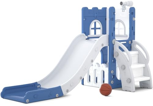 LulliSpace Toboggan 6 en 1 pour tout-petits et enfants, aire de jeux intérieure et extérieure avec rangement, télescope, panier de basket-ball et toboggan en forme de L pour tout-petits, bleu