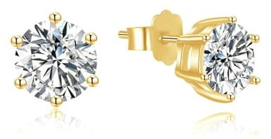 Ohrringe Silber 925, Ohrstecker mit 6 Krallen, rund, 8 mm, Zirkonia, Gold