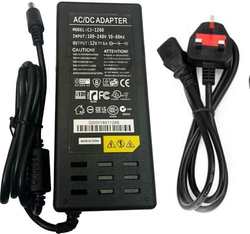 DC VOLTAGE 12V 6A 5.5mm x 2.1mm Power Adapter AC Power Supply Cord AC 100-240V to DC 12V 6 APower Cable Transformer Wall Charger Replacement UK Plug for LED Lights, Computer Project