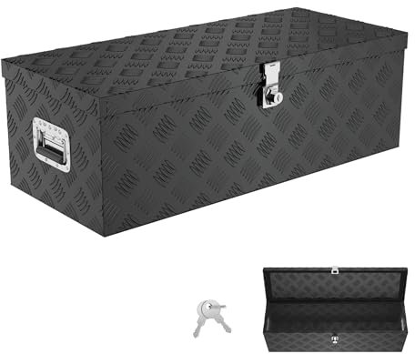 Aufun Truckbox 60L Werkzeugbox Aufbewahrungsbox Aluminiumkoffer Transportbox, Deichselkasten für PKW Anhänger LKW Nutzfahrzeuge Staubox Werkzeugkiste Gurtkiste Alukiste (Schwarz, 76x33x24.5cm)
