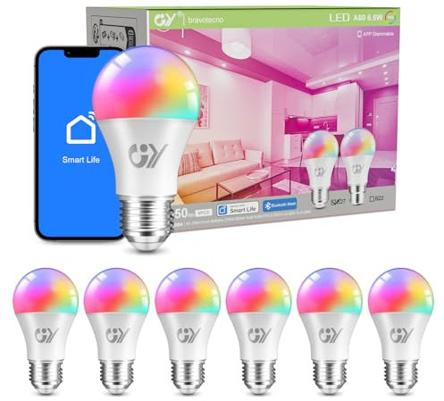 GY Mesh LED Glühbirne A60 E27 6,5W 1050LM, Dimmbar Bluetooth RGB Warmweiß-Kaltweiß Lampe mit 16 Millionen Farben, Smart Home Wifi Leuchtmittel, Musiksynchroner Farbwechsel, 6er Pack