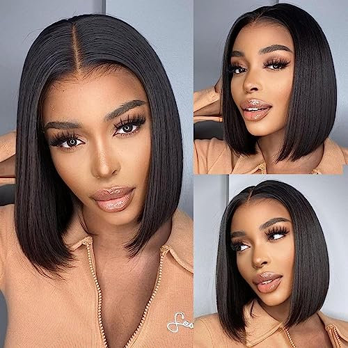 DUAUJUIU 10 Zoll Bob Wig Perücke Echthaar 150% Density 13x4 Lace Front Short Wigs Pre Plucked with Baby Hair Natur Schwarz Bob Perücke Human Hair