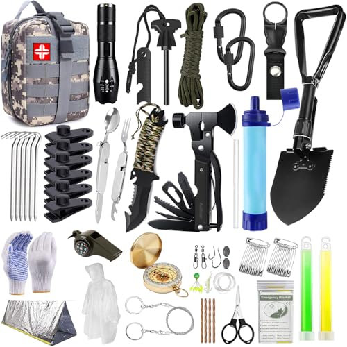 AuRiver Kit de Supervivencia, Equipo de Emergencia con Filtro de Agua, Kit Supervivencia con Cuchillo de Caza, Kit de Primeros Auxilios para Viajar Caminar Acampar al Aire Montaña (Camuflaje)