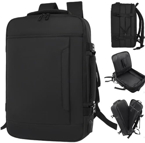 Clufar Reiserucksack erweiterbarer 20L-30L Schwarz Laptop Rucksack 17.3 Zoll Herren mit USB Ladeanschluss Handgepäck Flugzeug Carry on Kabinenrucksack Arbeit Reisen für Weekender Arbeit Trip,Black