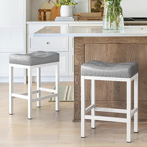 LUE BONA 2er Set Barhocker mit Fußstütze, Höhe 61cm, gepolsterter Sitz 8,5 cm, Robuster Metallrahmen, Küchenhocker für Wohnzimmer, Kücheninsel, Bartisch, Stabile Barhocker Set aus 2 Stück
