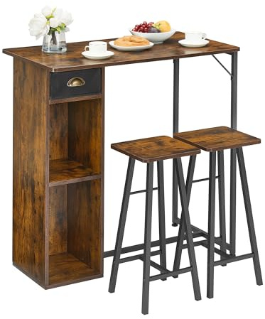 Garvee 3-teiliges Bartisch-Set für 2 Personen mit Metallgestell | Tisch mit Schublade, 2 Stehhocker inklusive, 2 Ablageflächen
