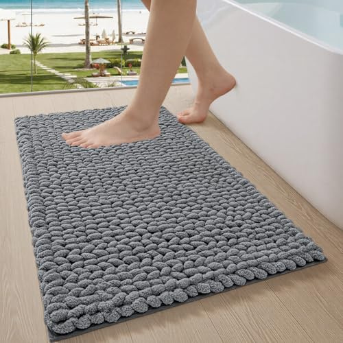LUMI Chenille-Badematte, rutschfest, Saugfähig, Weich, Grau, 60 x 110 cm | Extra Dicke Plüsch-Badteppich, Waschbar Schnelltrocknend, Kuschelige Badezimmerteppich, für Badewanne, Waschbecken Waschküche