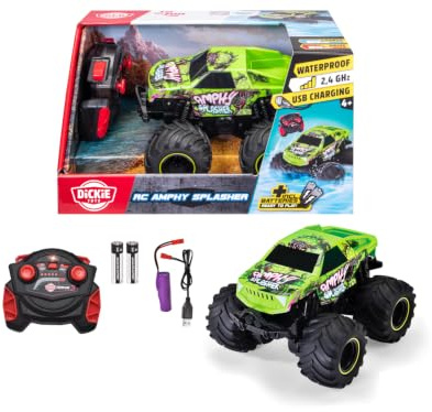 Dickie Toys – RC Amphy Splasher 18 cm, ferngesteuertes Amphibien Fahrzeug für Kinder ab 6 Jahren, 4x4 Antrieb, 360° Drehung, schwimmt im Wasser, mit Controller Akku USB Kabel, grün