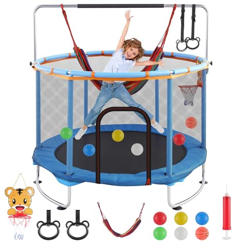 Trampolin für Kinder, 142-160cm verstellbares Baby-Kleinkind-Trampolin | mit Basketballkorb 200 kg, für drinnen und draußen,Geburtstagsgeschenk für Jungen und Mädchen von 3 bis 9 Jahren