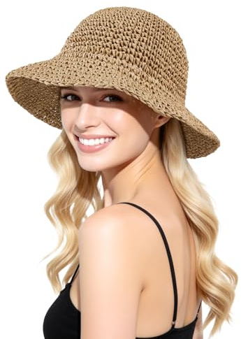 AYPOW Chapeau de Paille pour Femme Chapeau de Plage Protection UV Bob Femme Casquettes Anti-Soleil Respirant Pliable Bucket Hat pour Les Voyages et Vacances Eté