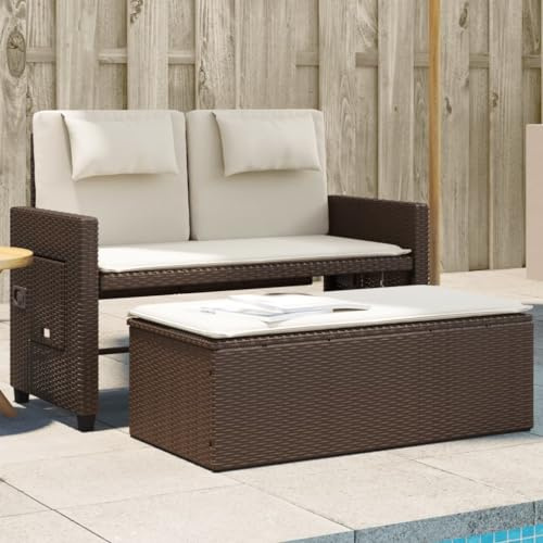 Cartvyn Gartenbank Verstellbar mit Kissen Braun Poly Rattan wetterfest robuste Garten Sitzbank für Balkon Terrasse Outdoor Bank mit Beistelltisch und klappbar als Schlafsofa