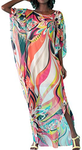 FSMO Damen Elegante Blumen Sommer Kleid Chiffon Tunika Strandkleider Lose Kaftan Smock