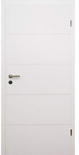 HORI® Zimmertür Komplettset mit Zarge und Türdrücker I Innentür weiß lackiert mit 4 Querstreifen I Höhe 198,5 cm I Anschlag, Breite und Wandstärke wählbar I DIN rechts I 1985 x 735 x 120 mm