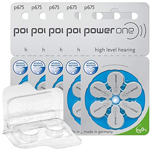 30x Power One 675 Hörgerätebatterien 5x6er Blister PR44 Blau 24600 + Aufbewahrungsbox für 2 Hörgerätebatterien (10, 13, 312, 675), Batteriebox für 2 Knopfzellen bis 12 mm x 6 mm (Ø x H)