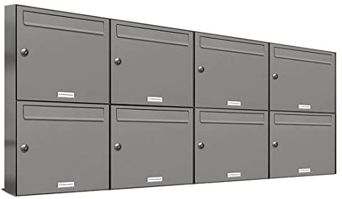 AL Briefkastensysteme 8er Briefkastenanlage Aluminiumgrau RAL 9007, Premium Briefkasten DIN A4, 8 Fach Postkasten modern Aufputz