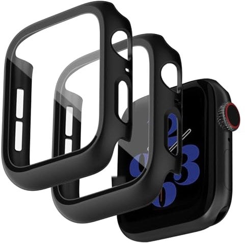 Jvchengxi Confezione da 2 custodie opache compatibili con Apple Watch 44 mm SE 2/SE/6/5/4 con pellicola protettiva in vetro temperato, cover rigida nera in policarbonato antiurto per iWatch accessori