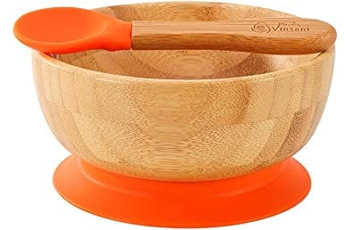 Vinsani Bamboo Bowl and Spoon Set for Baby/Toddler, Suction Plate, Stay-Put Design, Hypoallergenic and BPA-Free (Orange)