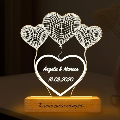 Transparent Gift Lámpara Personalizada con Nombres y Fecha Corazón Globos. Regalos para Parejas. Regalos Originales Aniversario. Regalos Personalizados para San Valentín y Bodas. Luz LED Decoración